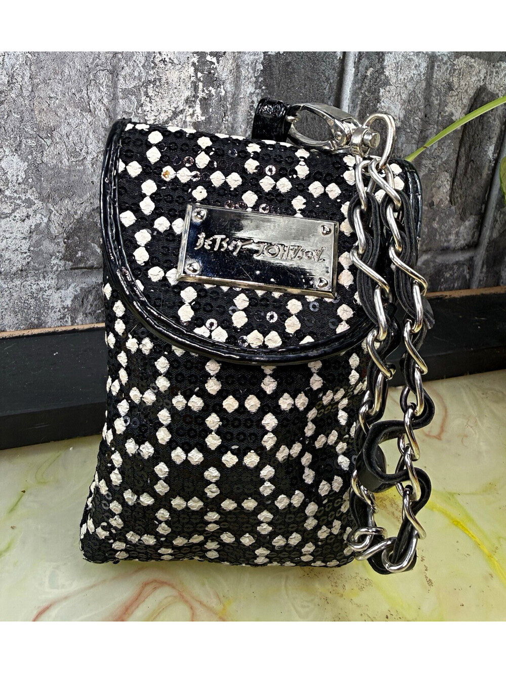 Betsey Johnson Black White Sequin Heart Crossbody Bag w/ Chain Strap Small